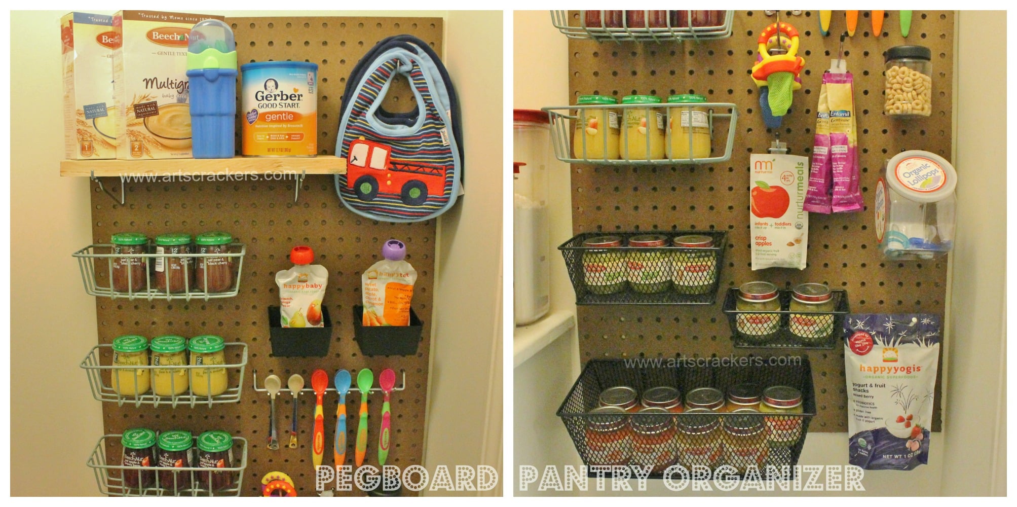 Pegboard on a pantry wall with wire baskets of baby food jars, shelves of snacks and hooks holding spoons and bibs