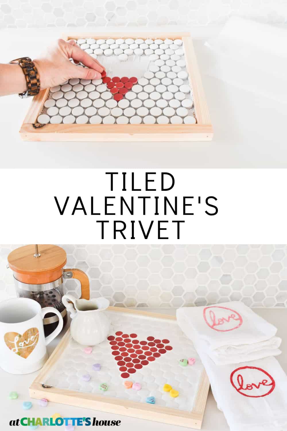 Penny Tile Heart Tray | Valentine's Tile Craft Penny tile heart tray with a red heart set in white penny rounds inside a wood frame, with coffee, candy hearts and towels
