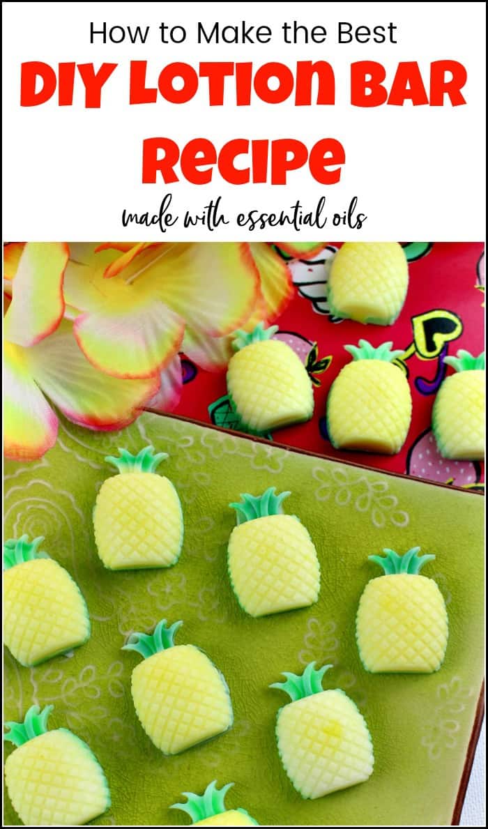 Yellow pineapple-shaped pina colada lotion bars with green leaf tops on a green tray in a pin graphic with title text