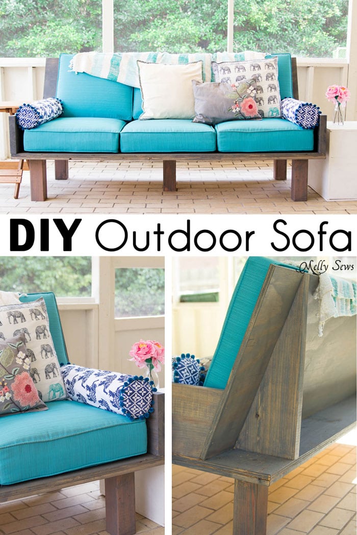 Plywood Outdoor Sofa | DIY Patio Furniture Idea Plywood outdoor sofa with turquoise cushions and patterned pillows on a sunporch, with close up views of the frame