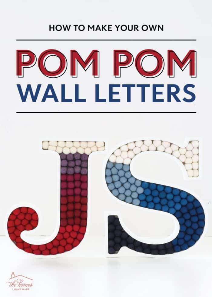 Pom pom wall letters J in red ombre and S in blue ombre felt balls with white tops, under a how to title
