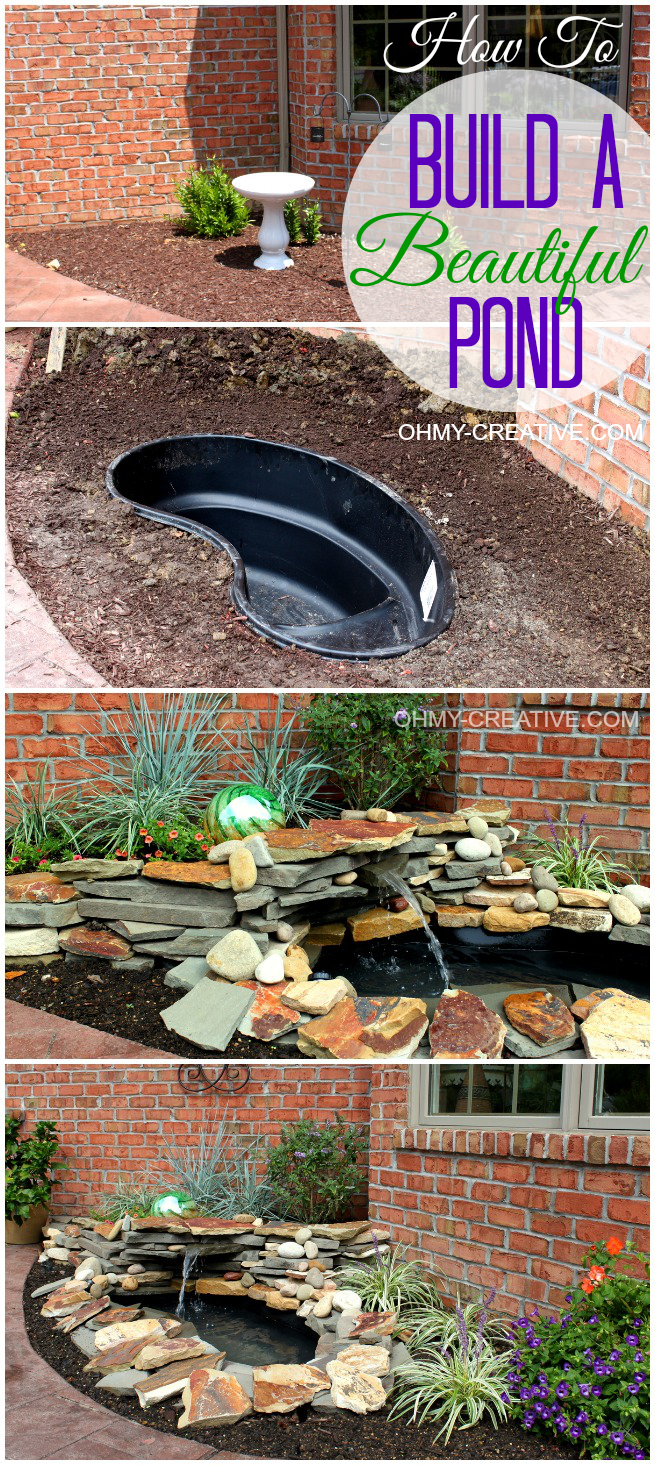 DIY waterfall and pond, a small preformed pond edged in layered flagstone with a trickling waterfall against a brick wall