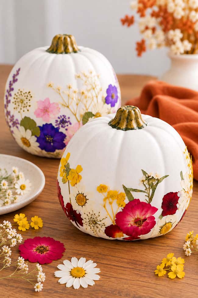 Two white pumpkins decorated with pressed pink, purple, red and yellow flowers on a wooden table beside loose pressed blooms and a rust orange napkin