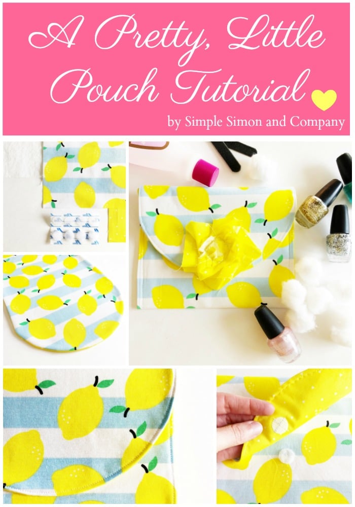 Pretty Little Velcro Gift Pouch Collage of a lemon print fabric pouch with a rounded velcro flap and yellow fabric flower, next to nail polish