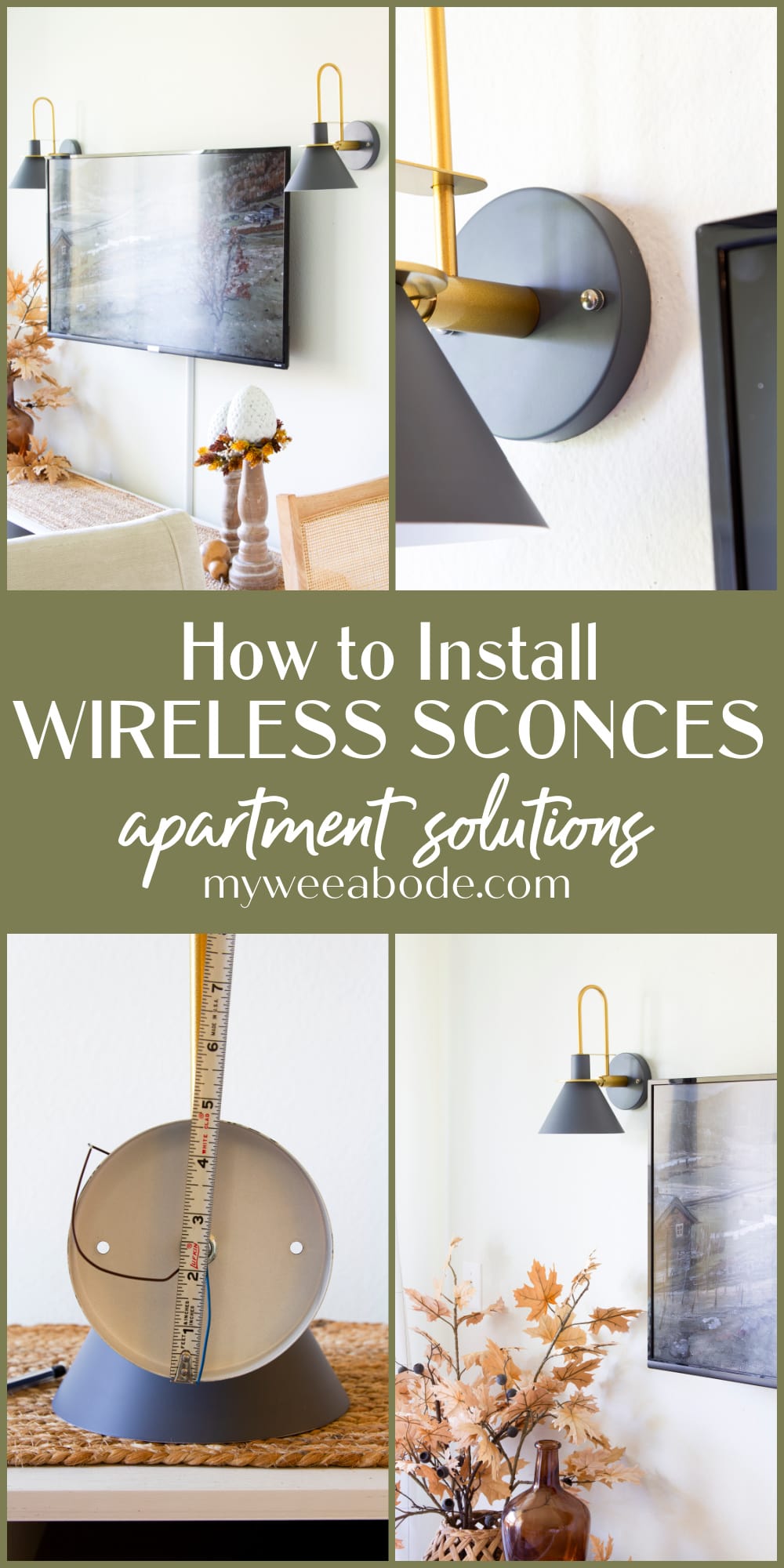 Pin of gray and gold wireless wall sconces flanking a TV, a level on the mount plate and the sconce lit on a wall