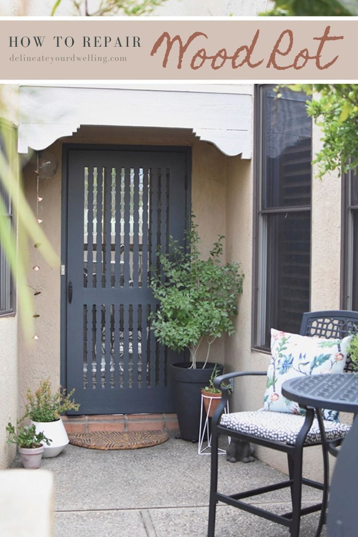 Repair Minor Wood Rot | Home Repair Idea Dark painted wooden screen door with a patterned frame on a front patio after a minor wood rot repair