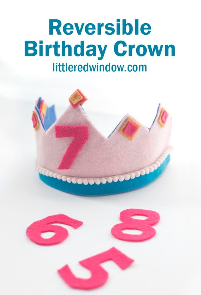 Reversible Birthday Crown | DIY Party Decorations Idea Pink and blue reversible felt birthday crown with a pink number 7, jewel shapes, pom pom trim and felt numbers in front