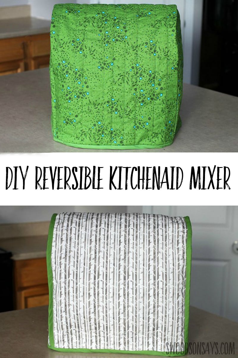 Reversible Mixer Cover | Quilted Appliance Cover Reversible quilted KitchenAid mixer cover shown on both sides, bright green floral and gray print with green binding