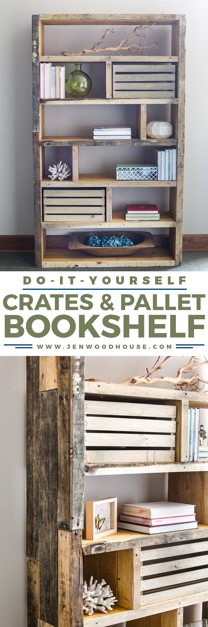 Tall rustic bookshelf wrapped in reclaimed pallet wood with staggered cubbies holding books, a green vase and a wood bowl