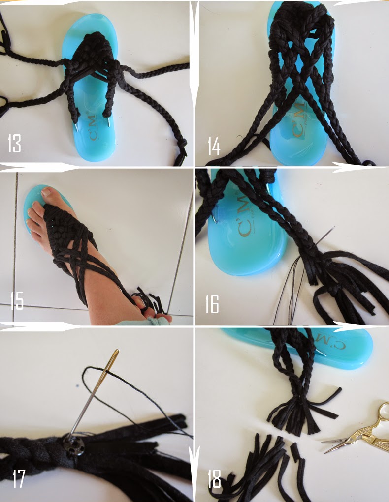 Macrame sandals DIY, black fabric yarn knotted lattice straps on blue flip flops, worn on a gray stone sidewalk with jeans