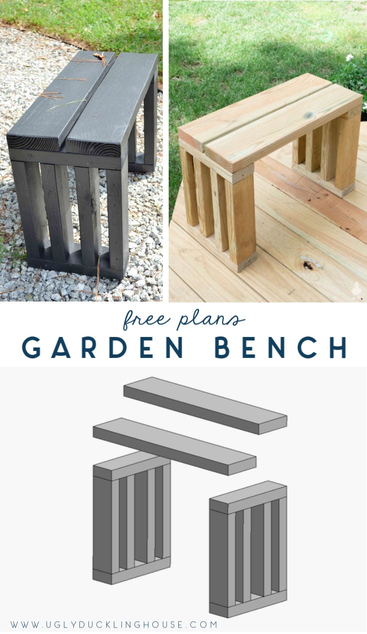Scrap Wood Outdoor Bench Seat | DIY Patio Furniture Idea Scrap wood outdoor bench seat with slatted 2x4 legs shown painted black and natural, with a free plans diagram below