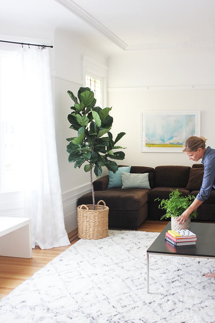 Sew Simple Curtain Panels | Home Sewing Project Light airy family room with white floor length curtain panels, fiddle leaf fig, brown sectional and a shag rug