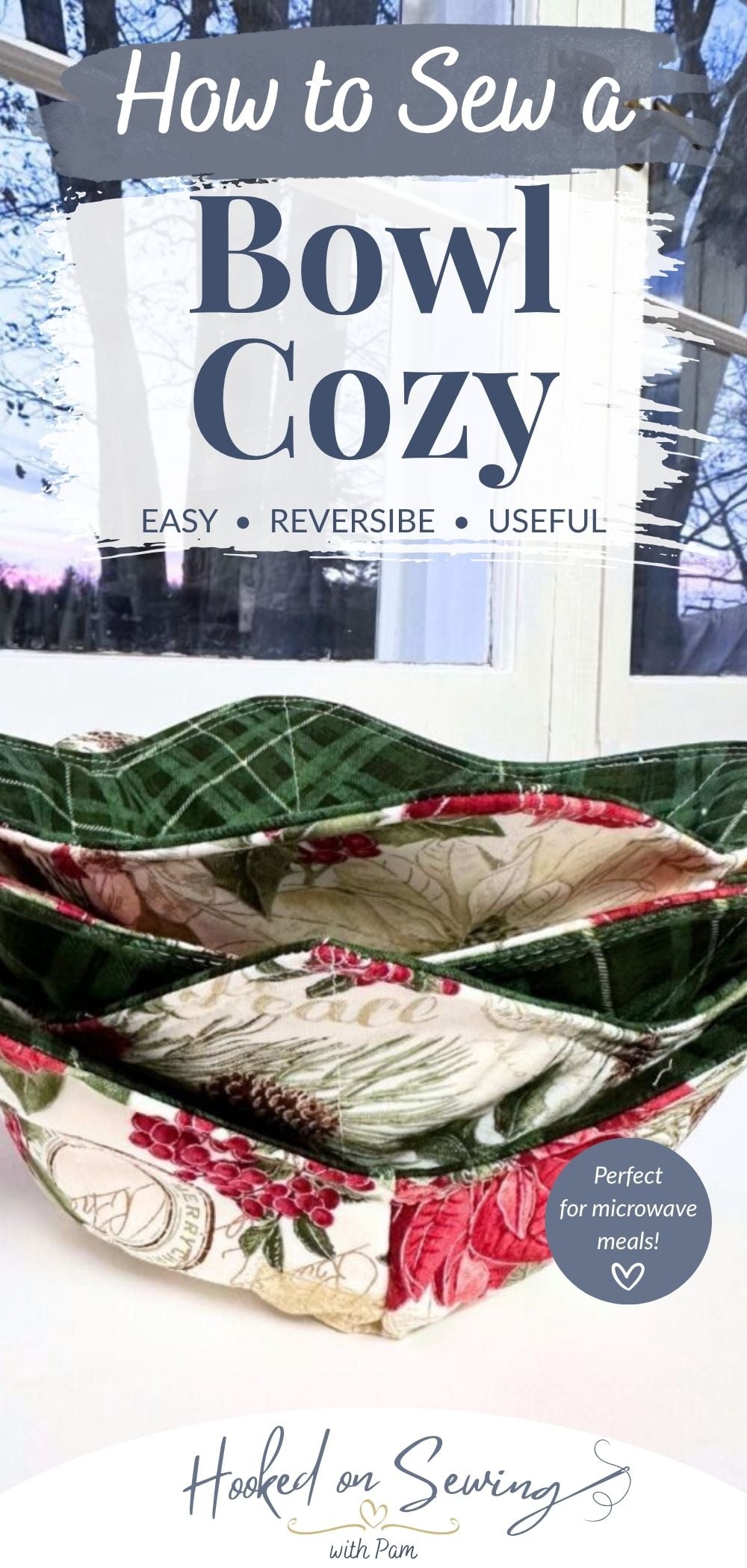 Stack of reversible quilted bowl cozies in green plaid and red berry holiday prints with a How to Sew a Bowl Cozy title