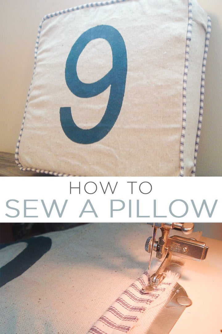 Stenciled Number Pillow With Cording | Home Sewing Project Linen pillow with a large blue stenciled number 9 and blue ticking cording, above a sewing machine stitching the cording