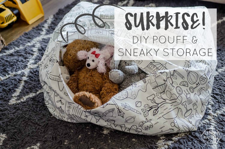Stuffed Animal Storage Pouf | Home Sewing Large white floor pouf with a black line drawing print unzipped to show teddy bears and plush toys stuffed inside