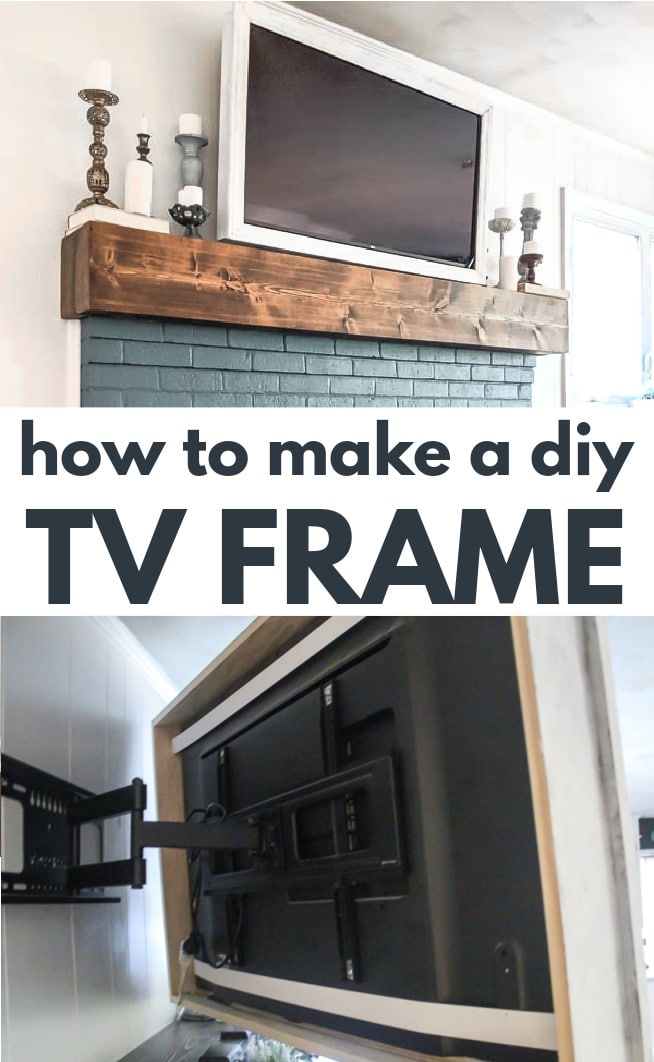 Swivel TV Frame | DIY Media Room Idea TV over a stained wood mantel and painted brick fireplace wrapped in a white trim frame, with a swivel mount shown behind