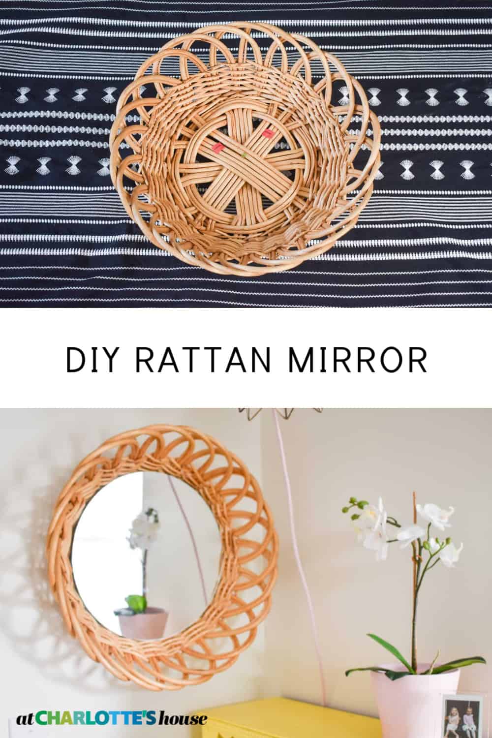 Round woven thrift store basket above the finished rattan mirror hung on a wall beside white orchids