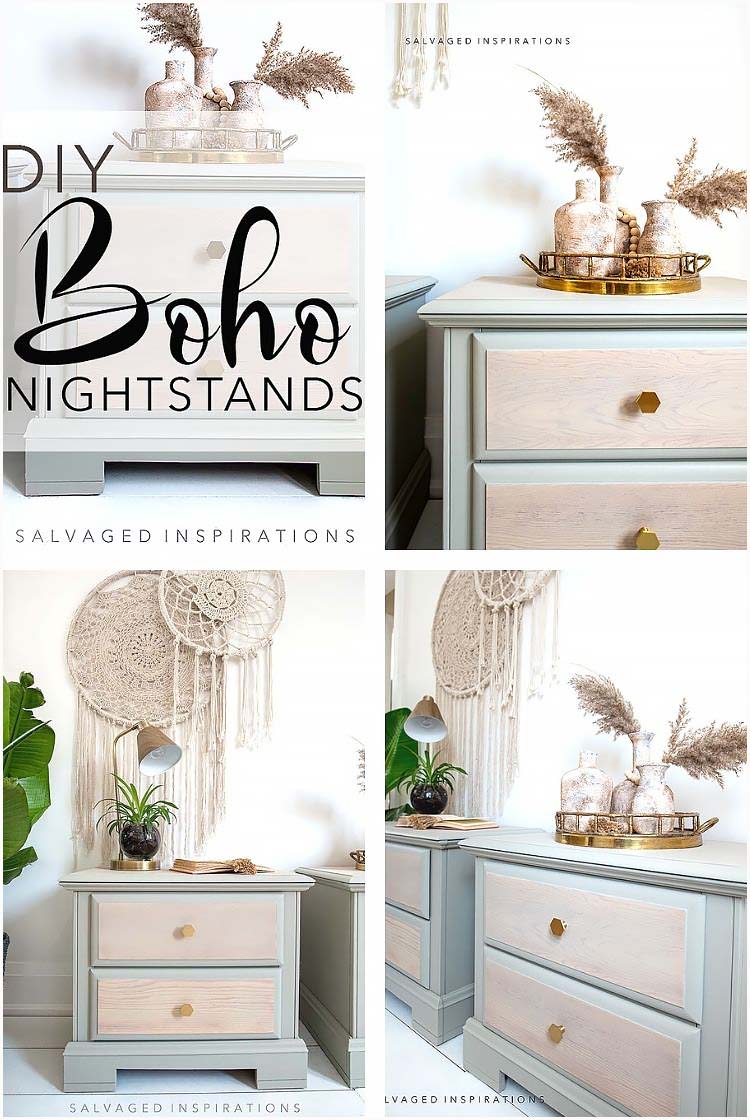 Pair of sage green painted nightstands with natural wood drawer fronts and brass knobs under a large macrame wall hanging
