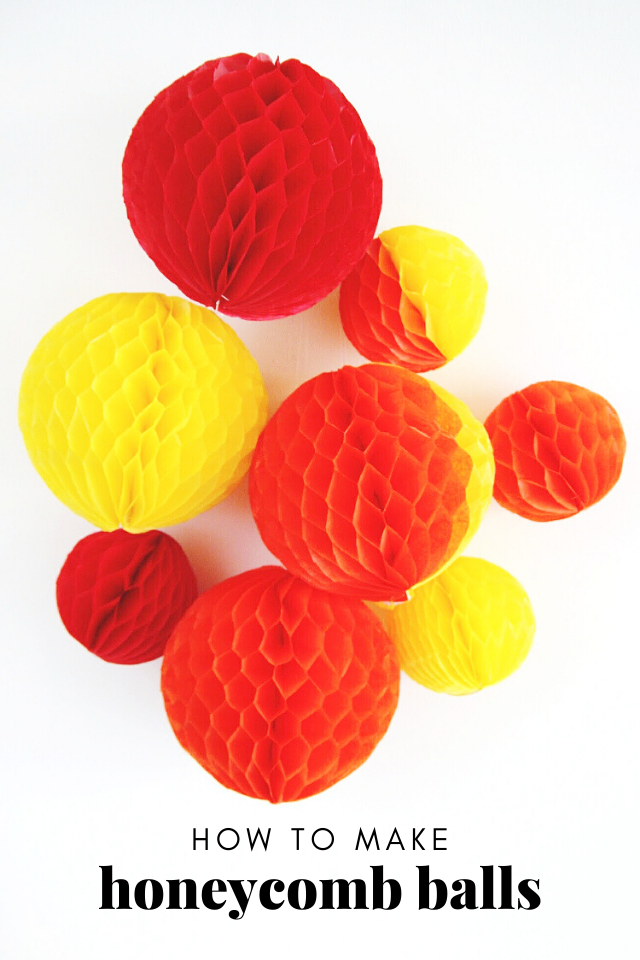 Tissue Paper Honeycomb Balls | DIY Party Decorations Idea Red, orange and yellow tissue paper honeycomb balls in several sizes on a white background with How to Make text