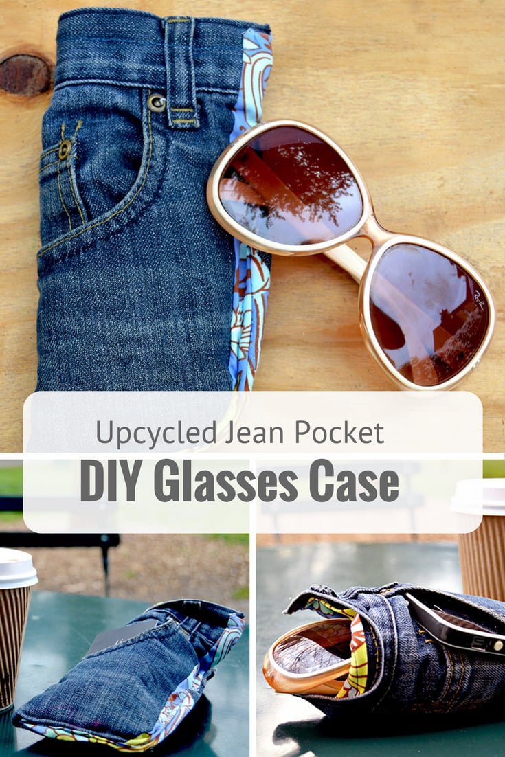Upcycled Jeans Pocket Sunglasses Case Sunglasses case made from a jeans front pocket with a blue and orange print lining, beside tan framed sunglasses