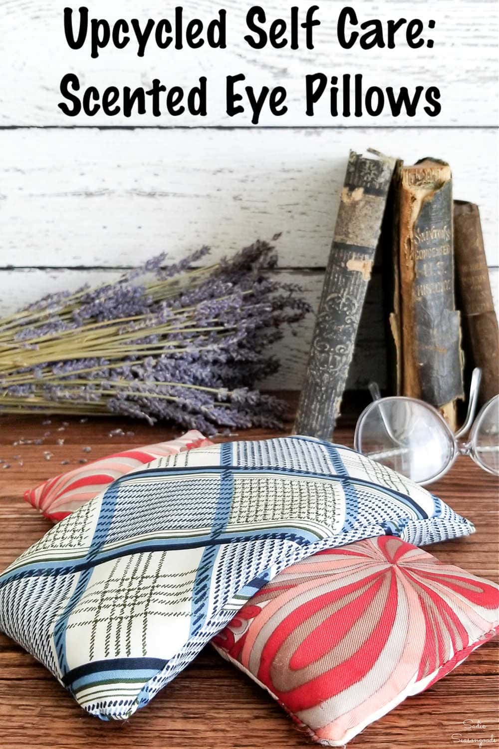 Vintage Scarf Lavender Eye Pillows Two eye pillows sewn from blue plaid and red and white vintage scarves, with dried lavender, old books and glasses