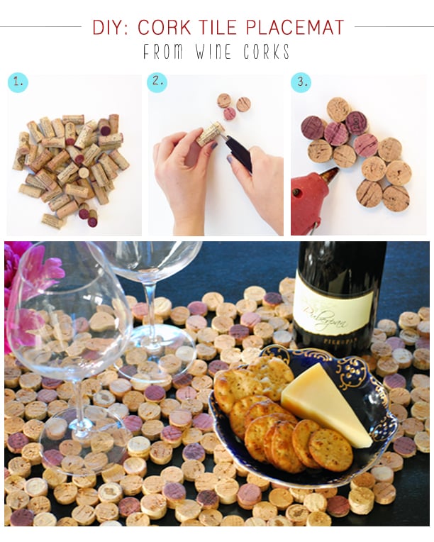 Upcycled wine cork placemat of glued cork slices under a cheese plate and wine glass, with three numbered step photos above