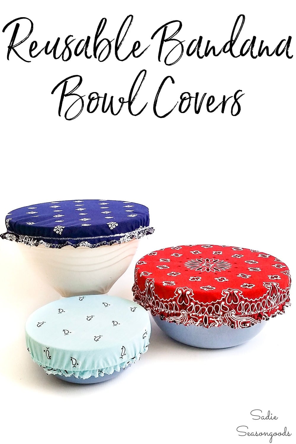Vintage Bandana Bowl Covers | Reusable Kitchen Reusable bandana bowl covers in navy, red and pale blue prints with elastic edges stretched over three white and blue bowls