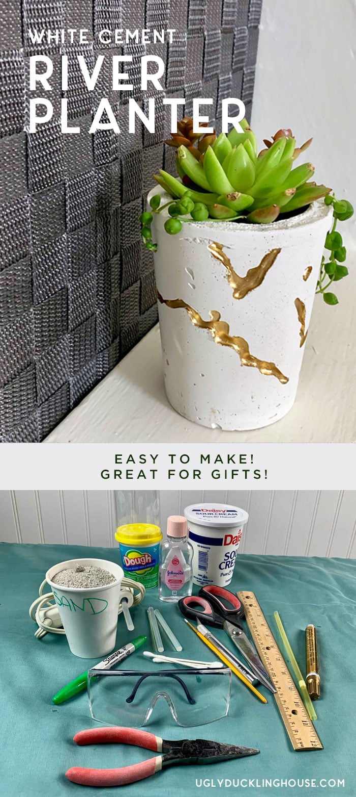 White Cement River Planter | Gold Leaf Concrete Pot White cement planter with gold leaf rivers holding green succulents, above a photo of all the tools and supplies used