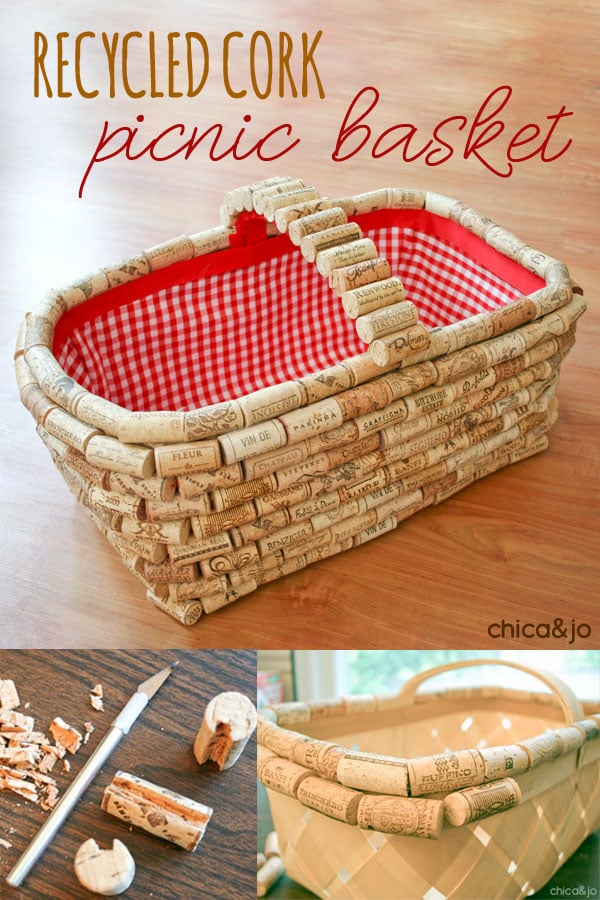 Wine cork basket covered in rows of corks with a cork wrapped handle and red gingham lining, plus two in progress photos