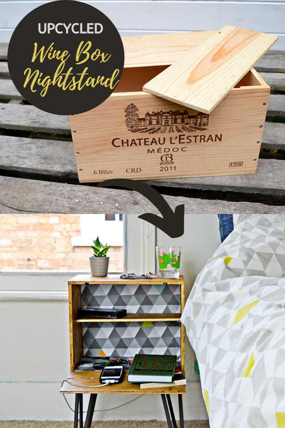 Wine crate nightstand on hairpin legs beside a bed with a geometric lined back, shown above the original wooden wine box