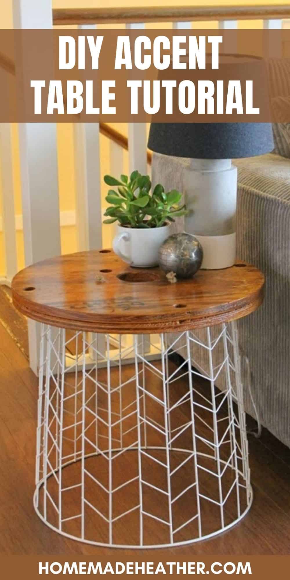 Round accent table with a wood spool top on a white wire basket base beside a gray sofa, topped with a lamp and succulents