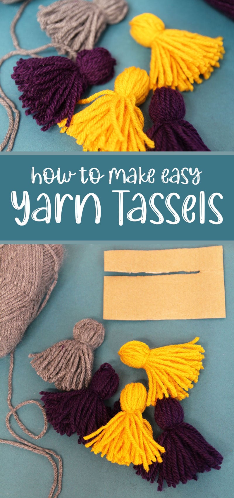 Mustard, plum and taupe yarn tassels on white twine beside a cardboard tassel maker and how to make yarn tassels text